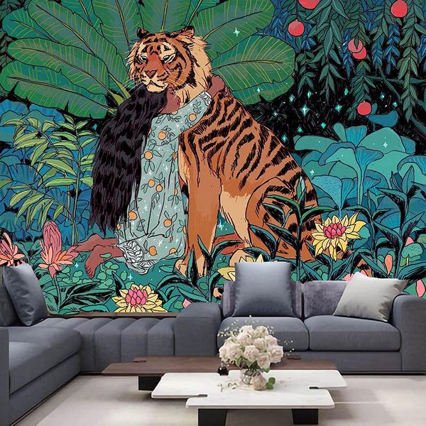 

tiger and girl tapestry mandala tapestry wall hanging boho decor macrame hippie witchcraft