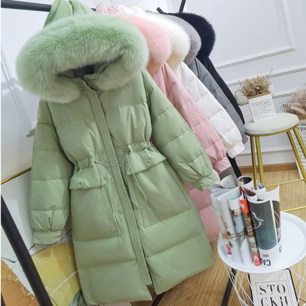 

2021 New Natural Winter Fur Collar White Duck Down Female Thick Warm Jacket with Hood Snow Wear Parkas Long 2cib, Black