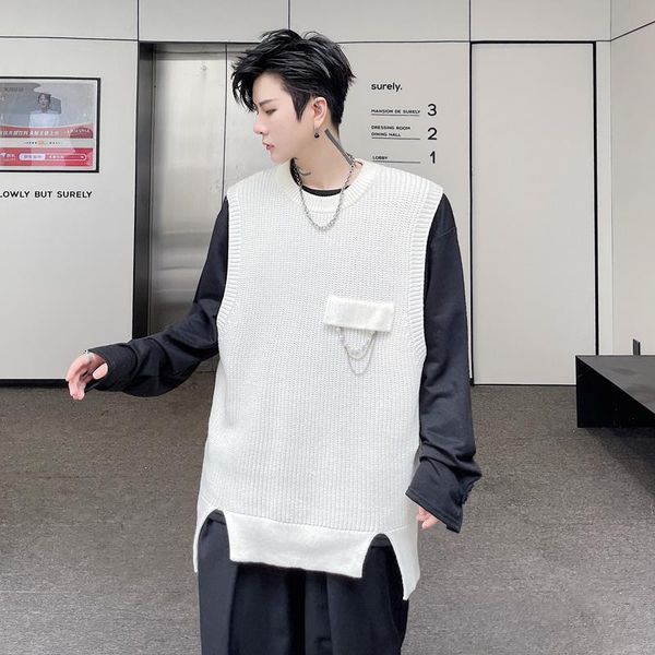 

men's vests men metal pendant pullover knitted vest streetwear fashion loose casual sleeveless sweater man women waistcoat knitwear, Black;white