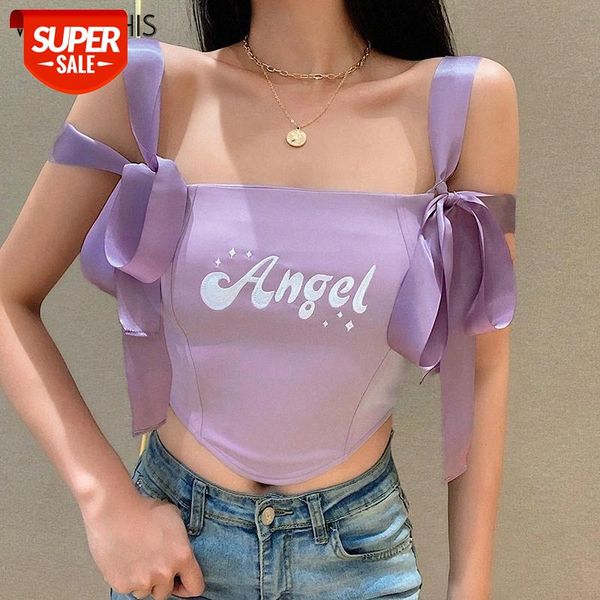 

wannathis lettr embroidery sleeveless camisole women spaghetti strap bandage hem assymmetric crop summer new lady #ft67, White