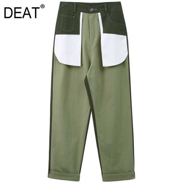 

[deat] high elastic waist spliced pocket hit color trousers loose fit pants women fashion spring summer 13r883 210527, Black;white