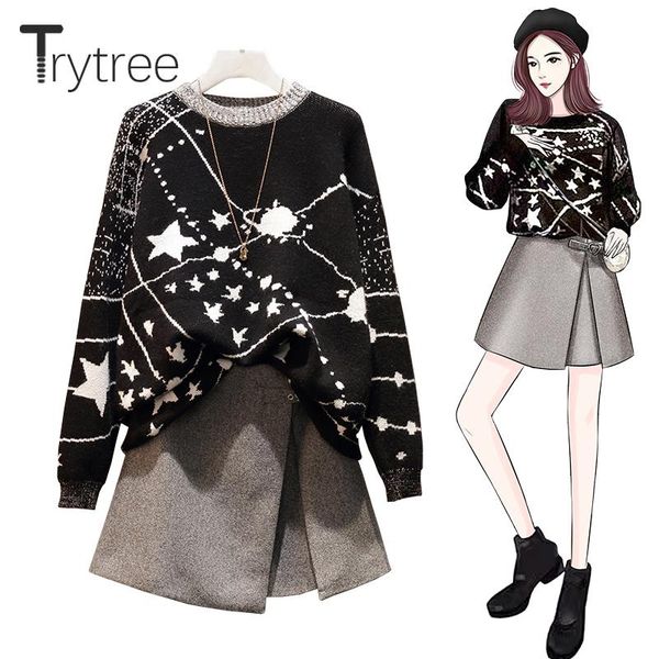 

two piece dress trytree 2021 autumn winter set casual o-neck loose pullovers + skirt mini fashion office lady 2, White