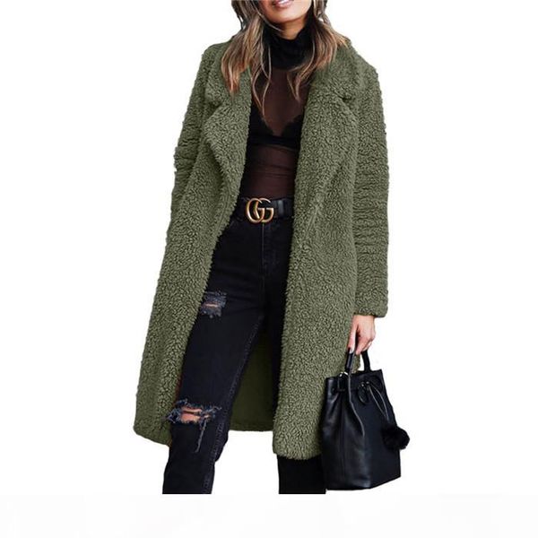 

winter plush lapel neck women long coat fashion cardigan wool coats casual solid color women outerwear, Black
