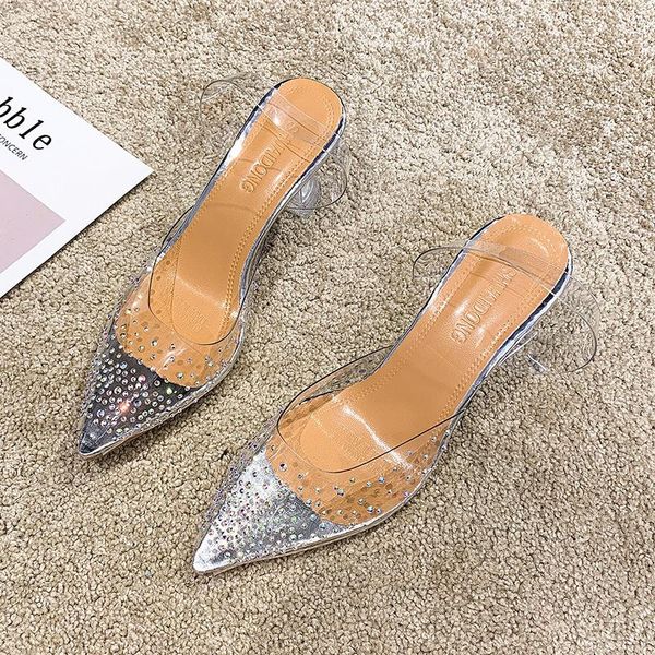 

dress shoes women's crystal transparent sandals woman baotou 2021 sharp rhinestone high-heeled summer, Black