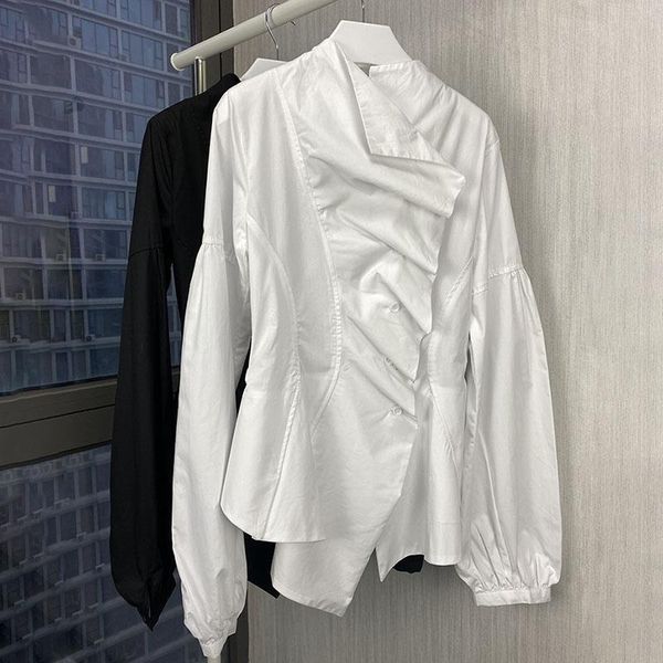 

ewq] casual blouse female stand collar lantern long sleeve tunic irregular hem shirt women fashion clothing 2021 spring, White