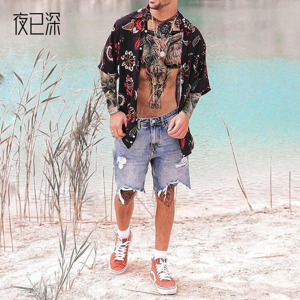 

spring 2021 relaxed casual printing fashion short sleeve shirt men's, Gray;blue