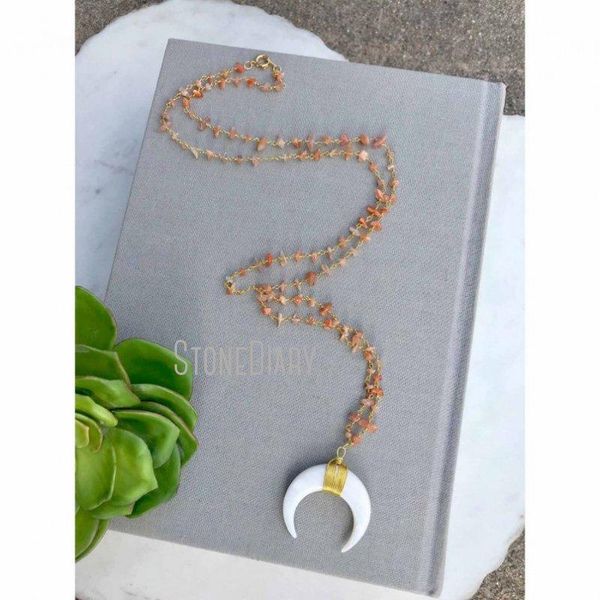 

pendant necklaces nm11602 white shell crescent moon necklace sun stone rosary beaded large double horn gold gift, Silver