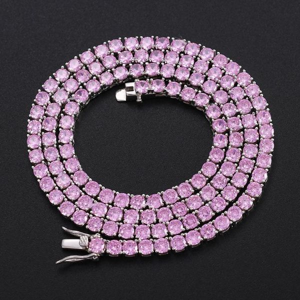 

chains hip hop tennis chain 4mm single row pink cubic zircon necklace men and women jewelry gift, Silver