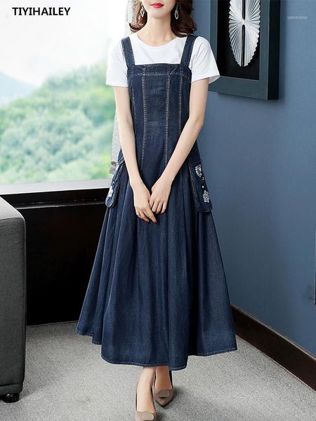 

casual dresses tiyihailey 2021 vintage women long maxi summer denim cotton s-xl sleeveless embroidery big pockets, Black;gray