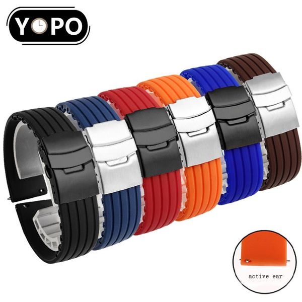 

watch bands 16 18 20 22 24mm waterproof silicone watchband color soft rubber strap with double safety buckle suitable for men and women belt, Black;brown