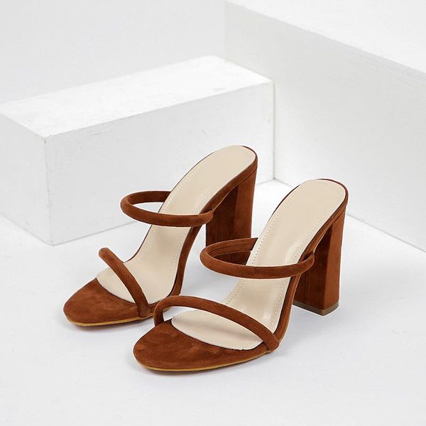 

slippers shoes woman's slides square heel flock heeled mules 2021 block high fretwork pu rubber fabric basic super hoof sq, Black