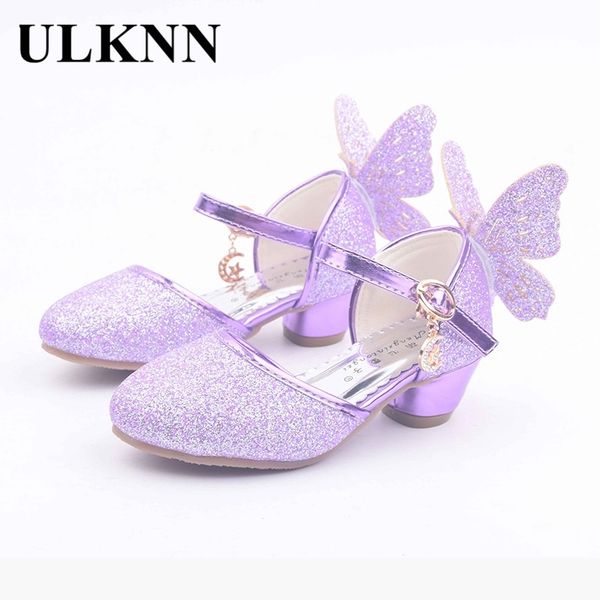 

ulknn summer children sandals kids pu leather buckle strap princess shoes for girls party glitter butterfly high heel sandals 210306, Black;red