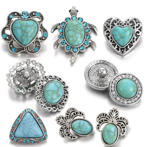 

10pcs new snap jewelry natural stone 18mm metal snap buttons elephant flowers starfish turquoisestone button for 18mm snap bracelet, Bronze;silver