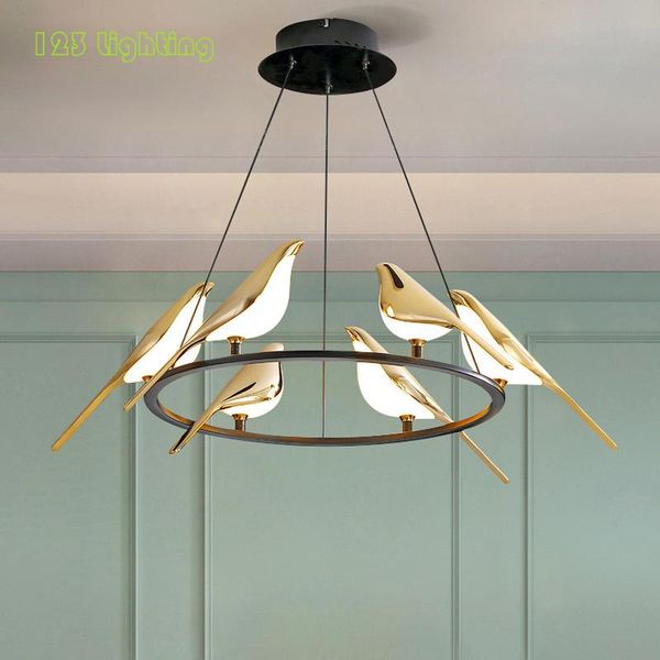 

pendant lamps foyer restaurant led chandelier gold magpie bird home decoration lighting fixtures nordic lamp drop luminaire suspension