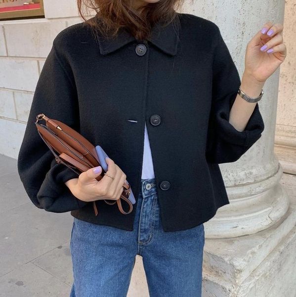 

women's wool & blends 2022 jacket women elegant solid color coats chic turn down collar long sleeve coat female outerwear, Black