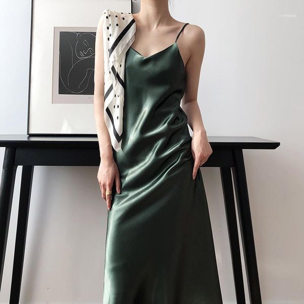 

sleeveless women spaghetti strap dresses v neck soft satin silk slip dress 2021 ladies long elegant summer dress1, Black;gray