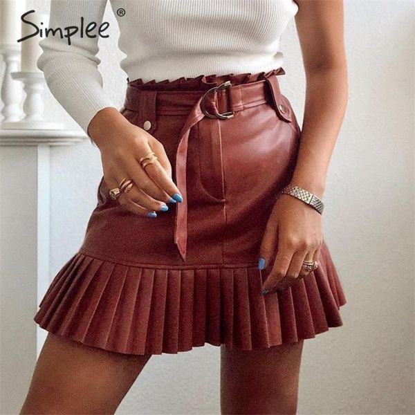 

simplee sash belt pu leather women skirt ruffled high waist female mini skirt a-line party club wear ladies short skirt 210315, Black