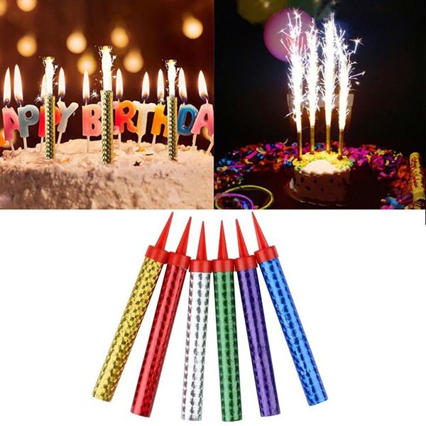

candles 6pcs/pack 12/15cm straight barrel golden champagne fireworks magic wand burning candle birthday cake deco party supply