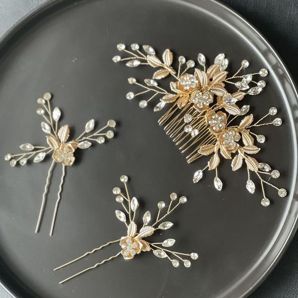 

hair clips & barrettes flower comb set with 2 u-shape pinrhinestone bridal wedding accessories for women girls co, Golden;silver