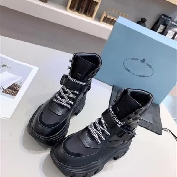 

boots genuine leather ankle women platform sneakers lace up wedges shoes woman flat heel designers casual, Black