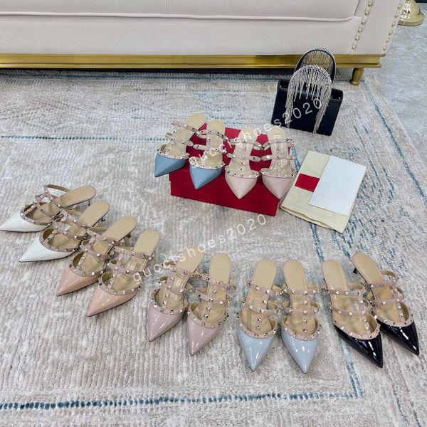 

2022 fashion woman dress shoes designer genuine patent leather with rivet lady high heels brand, Black;red