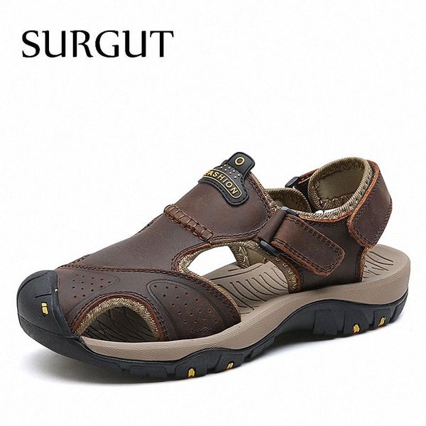 

surgut brand summer men's sandals genuine leather men beach roman sandals men outdoor shoes slippers sneakers summer shoes w3mv#, Black