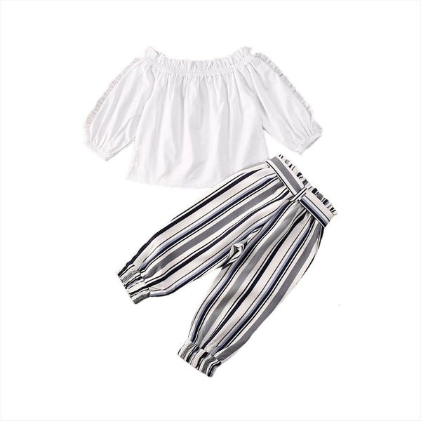

1 6y summer fashion infant kids girls clothes sets ruffles white off shouler t shirts striped pants 2pcs