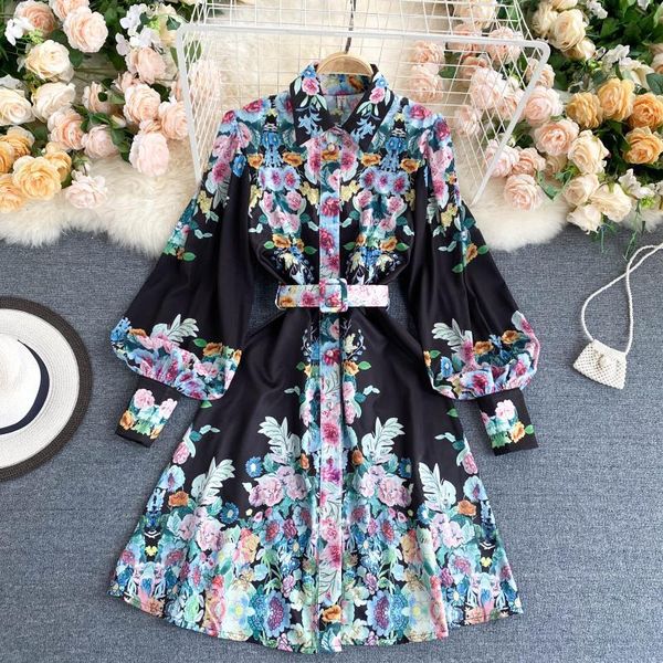 

casual dresses high waist spring luxury vintage party ethnic 2021 elegant autumn boho retor a-line long sleeve dress women printing, Black;gray
