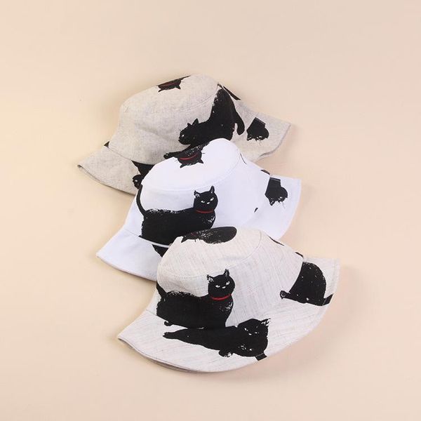 

cloches 2021 100% cotton breathable bucket hat women summer cat print sun cap men fishing hats