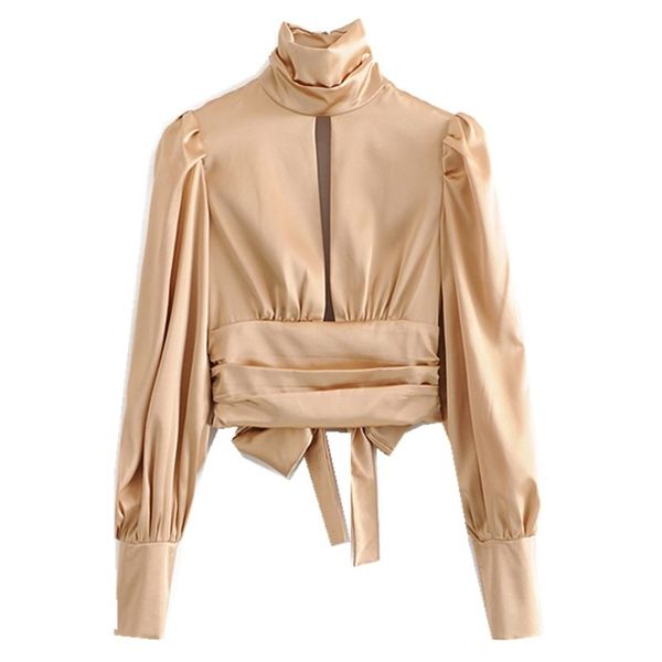 

autumn elegant ruched pleated slit backless silk shirt apricot fashion high collar tie bow blouse women blusas 210302, White