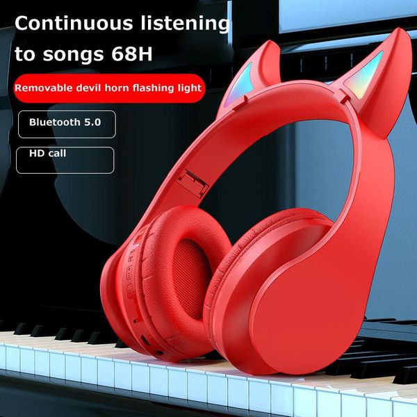 

bluetooth headphones glowing cute led devil ear girls gift kids headset wireless hifi stereo bass 3.5mm plug with mic