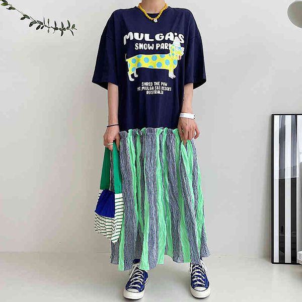 

casual dresses [ewq] korea chic fashion o neck letter print loose fold stitching short-sleeved midi dress fwomen summer 16e716 mn7a, Black;gray