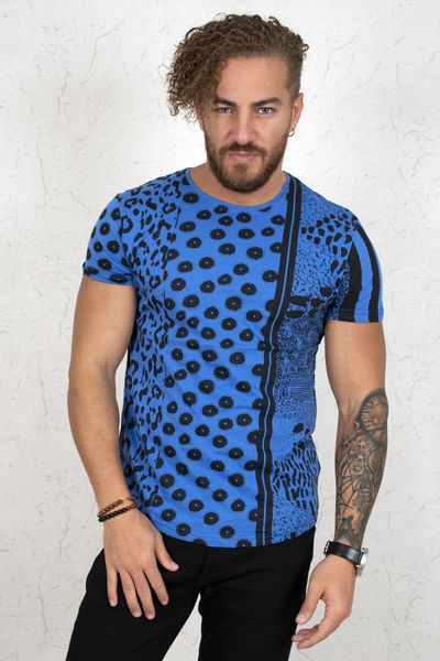 

Blue Multi-patterned Oval Cut Men 's Tee Shirt 2002021 Hmtw, White;black