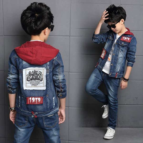 

autumn winter casual boys clothing set jeans jeacket kids pants 2pcs hooded coat suits 7 8 9 10 11, White