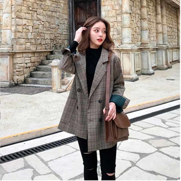 

vintage cyjr double plaid breasted blazer oversized sleeve complete female grid suit jacket elegant autumn jackets outwear 1jjj, Tan;black