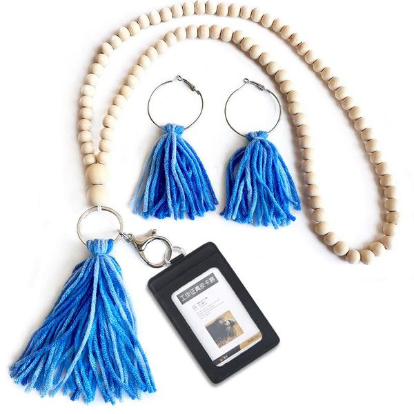 

earrings & necklace wooden beads long chain turquoise cotton tassel pendant necklaces drop for women strap keychain sets, Silver