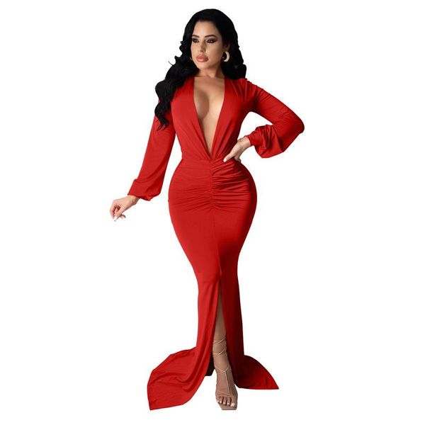 

casual dresses 2021 autumn and winter style hip-covered v-neck ruffled long-sleeved mopping floor evening dress women, Black;gray