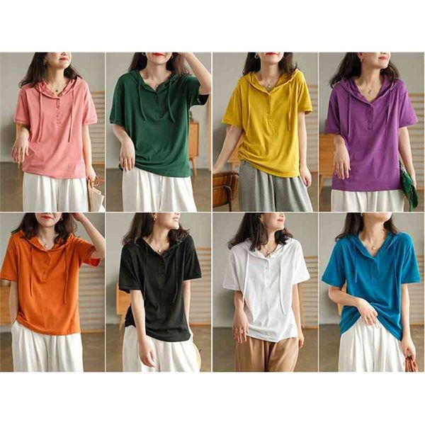 

simple silhouette youth age reducing knitted cotton hooded t-shirt loose and thin women's short sleeve top, Black