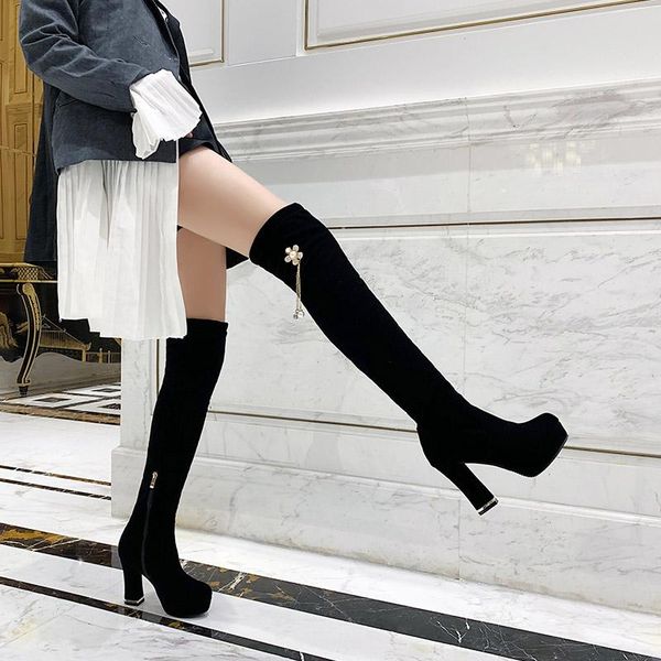 

boots faux suede stretch thigh high elastic slim over the knee women's fashion heels black red fetish long shoes