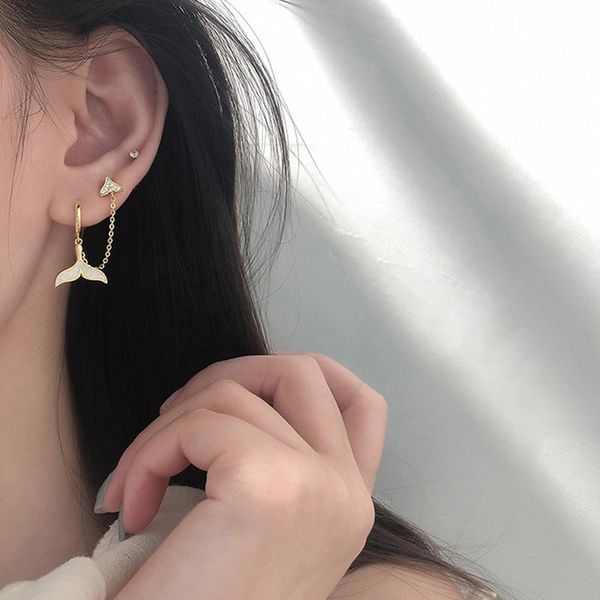 

stud 1pcs temperament fashion two-hole earring long tassel mermaid fish tail earrings for women female shell pendientes mujer, Golden;silver