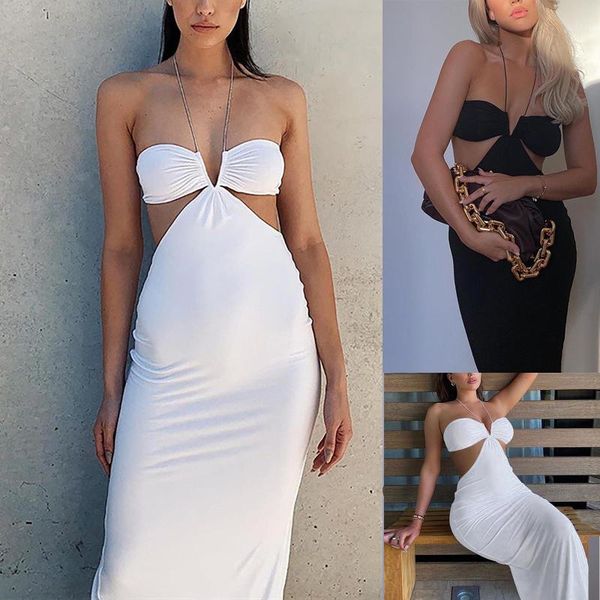 

casual dresses townlike wind 2021 summer women's halter fashion high waist sleeveless low cut slim pure color dress, Black;gray