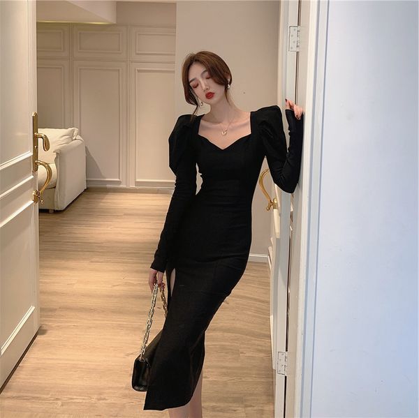 

casual dresses cmaz official figure pull frame black dress french retro bubble long sleeve 44g9, Black;gray