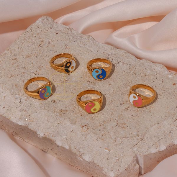 

mode geglazuurd kleurrijke ying yang ontwerp vrouwen ringen 2021 religieuze vinger ring mannelijke golden enamel rvs party sieraden, Slivery;golden