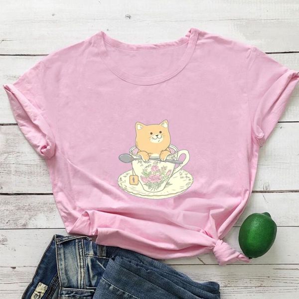 

women's t-shirt teacup coffee cat women cute animal print tshirt for white leisure camisas mujer summer loose streetwear