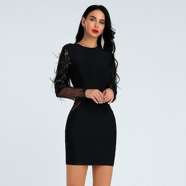 

casual dresses 2021 hollow sequins feather mesh sleeve bandage dress, Black;gray