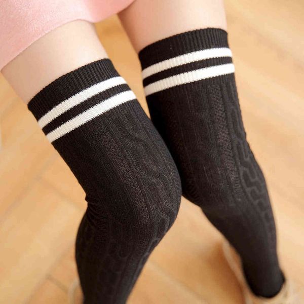 Outono inverno mulheres malha algodão sobre o joelho longo listrado coxa alta meias y1119