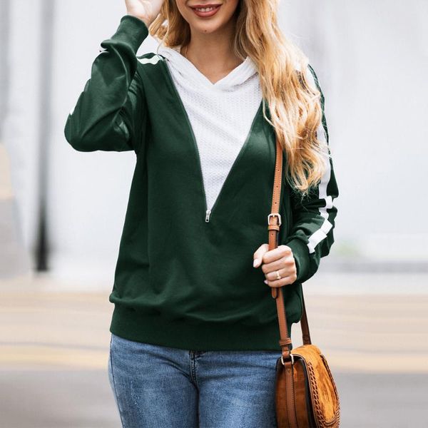 

women's hoodies & sweatshirts striped zipper loose women autumn winter streetwear clothes female sweatshirt hooded long sleeve green da, Black