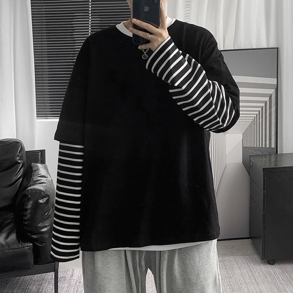 

2021 new spring cotton men's fashion casual fake two-piece t-shirt men streetwear long-sleeved tshirt mens 3l6h, White;black