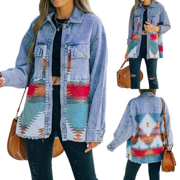 

women's jackets women printed denim jacket, adults casual button-down long sleeve lapel cardigan with pockets, Black;brown