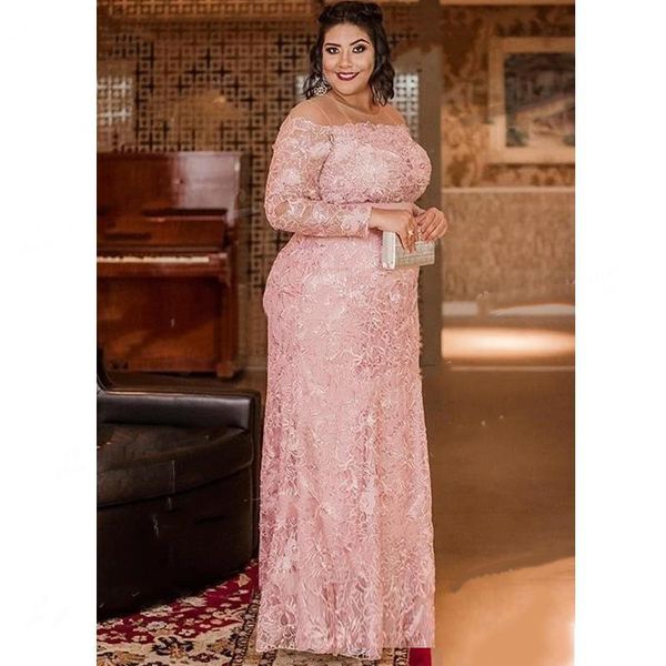 Plus Size Rosa Laço Completo Vestidos de Mãe Sheer Jewel Manga Longa Mãe da Noiva Vestidos Comprimento Elegante Do Piso Héteros Dos Desenhados Do Casamento Vestido de Vestidos de Noite